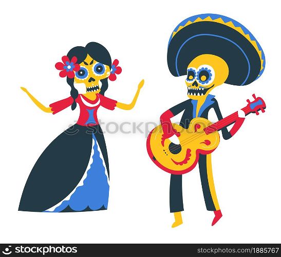 People wearing costumes, dressed as skeletons giving performance. Man and woman with guitar playing and dancing. Day of the dead celebration of traditional mexican holiday, vector in flat style. Mexican performers musicians playing guitar and singing on holiday
