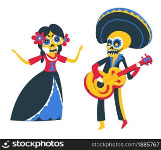 People wearing costumes, dressed as skeletons giving performance. Man and woman with guitar playing and dancing. Day of the dead celebration of traditional mexican holiday, vector in flat style. Mexican performers musicians playing guitar and singing on holiday