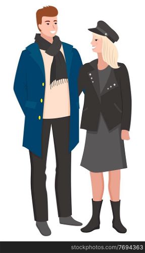 People wearing fashionable clothes vector, isolated man and woman. Characters with hat and scarves, cute lady autumn seasonal dress of personage flat style. Man and Woman Couple British People Talking Vector