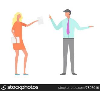 People wearing formal clothes vector, boss and staff. Woman and man talking about business, lady holding documentation and reports on work tasks flat style. Woman and Man, Boss and Employee Working People