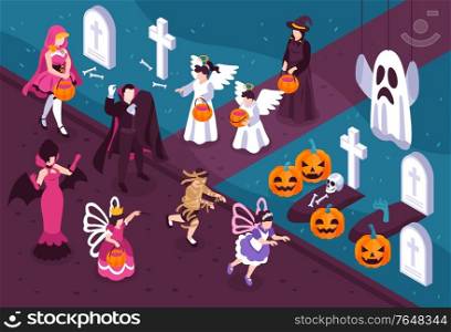 People wearing halloween costumes of vampire fairy witch zombie angel and party decoration elements 3d isometric vector illustration