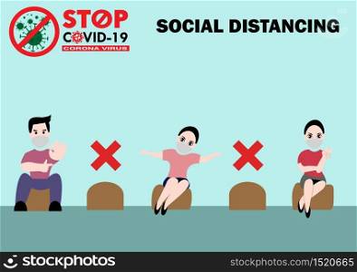 people wearing mask sitting distance for one seat from other people keep distance,Social distancing for protection corona virus concept.Vector illustration