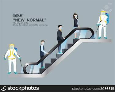 People wearing masks. use escalators with keeping the distance. Prevent the outbreak from covid19. Plan for prevention such to maintain physical distance. New normal (New way of life).