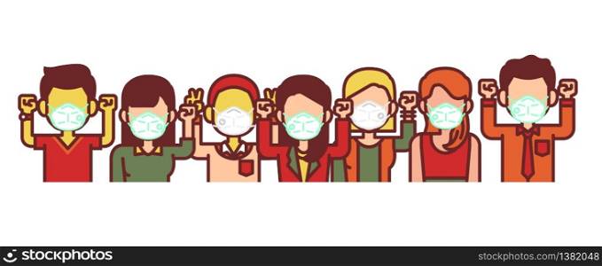People wearing medical mask. Hands up and victory gesture to fight concept. Coronavirus Covid-19.