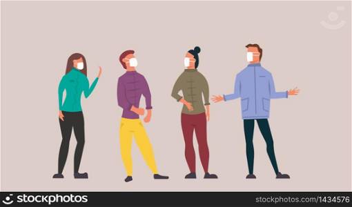 People wearing medical mask protection person infection covid-19 vector flat illustration. Virus disease flu pollution face. Coronavirus safety illness concept. Respiratory character group protect