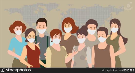 People wearing medical masks to prevent Coronavirus flu.People face in respiratory protective mask and coronavirus cell disease. Dangerous cases of flu. Medical health risk. vector illustration.