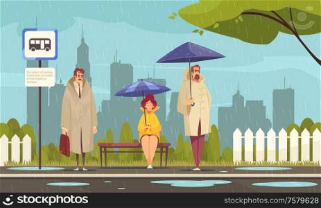 People wearing overcoats waiting at bus stop under umbrellas in rainy weather flat composition cityscape background vector illustration