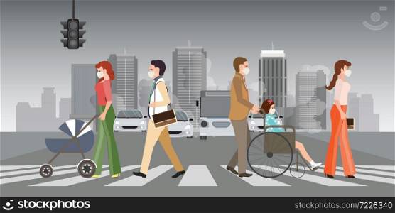 People wearing protective face masks and walk on crosswalk in the city with air pollution.vector illustration.
