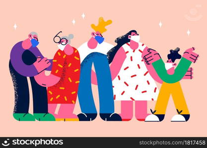 People Wearing protective medical masks covid-19 concept. Group of young and old people standing wearing protective medical masks during coronavirus epidemic times vector illustration . People Wearing protective medical masks covid-19 concept.