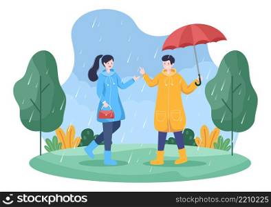 People Wearing Raincoat, Rubber Boots and Carrying Umbrella In the Middle of Rain Showers Storm. Flat Background Cartoon Vector Illustration for Banner or Poster