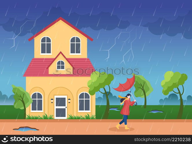 People Wearing Raincoat, Rubber Boots and Carrying Umbrella In the Middle of Rain Showers Storm. Flat Background Cartoon Vector Illustration for Banner or Poster