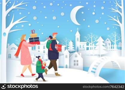 People wearing scarf carrying present box on winter holiday. Parents with daughter and son holding gift with bow. Card decorated by snowflakes and moon, man and woman near snowy buildings vector. Family with Gift Box, Christmas Market Vector