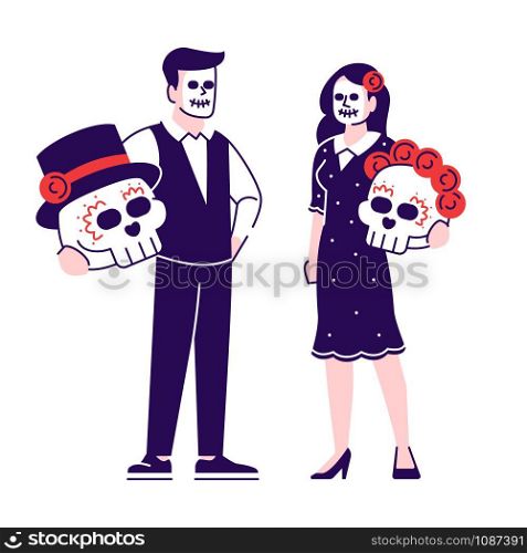 People wearing sugar scull face make up and costumes flat vector illustrations set. Dia de los Muertos celebration outfits. Cartoon characters with outline elements isolated on white background