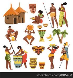 People wearing traditional African clothes, isolated homes and nature, culture of tribes in Africa. Men and women warriors and families with kids. Rituals and everyday life of citizens. Vector in flat. African culture and traditions people tribes