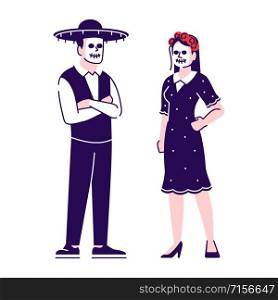 People wearing traditional Mexican day of dead costumes flat vector illustrations set. Cartoon characters with outline elements isolated on white background. Sugar scull face make up