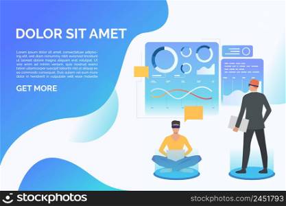 People wearing virtual reality glasses and working, sample text. Future, VR, cyberspace concept. Presentation slide template. Vector illustration for topics like business, technology, virtual reality. People wearing virtual reality glasses and working, sample text