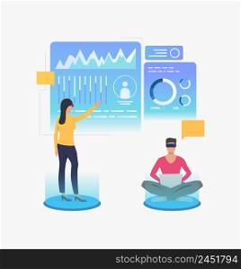 People wearing VR glasses and working in virtual interface. Future, VR, cyberspace concept. Vector illustration can be used for topics like business, technology, virtual reality. People wearing VR glasses and working in virtual interface