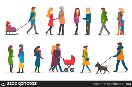 People wearing warm clothes in winter vector. Woman with kid sitting on sledges. Mother and father with perambulator and newborn baby. Friends talking holding bags. Male walking dog on leash. Winter Characters, Couples Woman and Man Vector