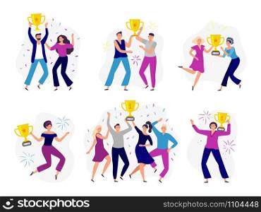 People win cup. Couple winners, man and woman holding gold cup. Success business tram win prize and celebrating victory. Businessman character progress. Isolated vector illustration icons set. People win cup. Couple winners, man and woman holding gold cup. Success business tram win prize and celebrating victory vector illustration set
