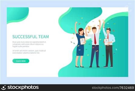 People winner, successful team, people holding award and diploma standing together, portrait view of worker with win, employee reach goal vector. Website or webpage template, landing page flat style. Worker Winner with Award and Diploma, Team Vector