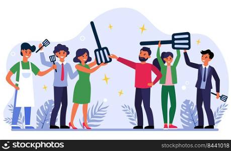 People winning barbecue competition. Prize, utensil, spatula flat vector illustration. Cooking, bbq, outdoor activity concept for banner, website design or landing web page