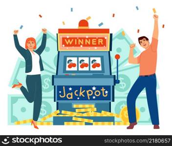 People winning on gambling machine. Jackpot celebrating with falling golden coin isolated on white background. People winning on gambling machine. Jackpot celebrating with falling golden coin
