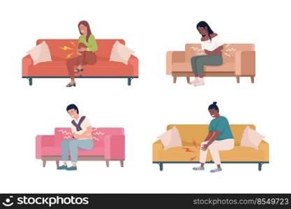 People with abdominal and legs pain semi flat color vector characters set. Editable figures. Full body people on white. Simple cartoon style illustrations for web graphic design and animation pack. People with abdominal and legs pain semi flat color vector characters set