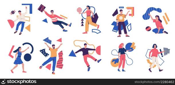 People with abstract shapes. Creative process and finding idea metaphor. Men with contour spots. Women holding geometric figures. Colorful circles and squares. Vector business brainstorming concept. People with abstract shapes. Creative process and finding idea metaphor. Women and geometric figures. Men with contour spots. Circles and squares. Vector business brainstorming concept