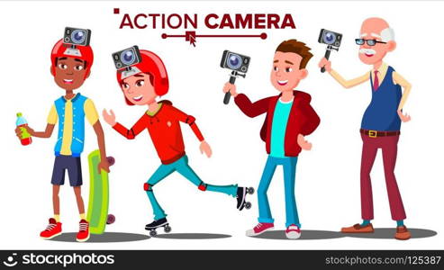 People With Action Camera Set Vector. Self Video, Portrait. Shooting Process. Active Type Of Rest. Isolated Illustration. People With Action Camera Set Vector. Self Video, Portrait. Shooting Process. Active Type Of Rest. Isolated Cartoon Illustration
