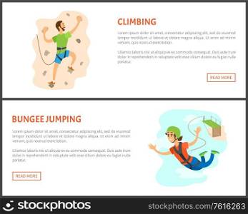 People with active lifestyles vector, flying woman wearing helmet and tied to bridge with rope for protection, male climbing wall with rocks training. Climbing and Bungee Jumping Man and Woman Set