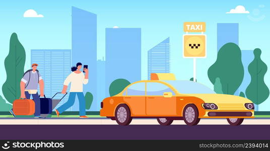 People with baggage go to taxi stop. City transport, transfer for tourists. Yellow car on town landscape, urban transportation service vector illustration. Catch taxi with baggage to travel. People with baggage go to taxi stop. City transport, transfer for tourists. Yellow car on town landscape, urban transportation service vector illustration