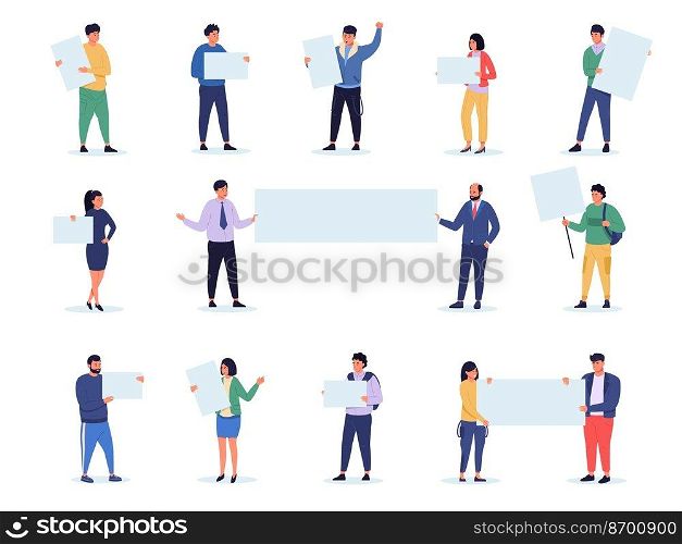 People with banners. Cartoon characters holding blank boards, activists with placards protest demonstration meeting concept. Vector collection. Political demonstration with posters. People with banners. Cartoon characters holding blank boards, activists with placards protest demonstration meeting concept. Vector collection
