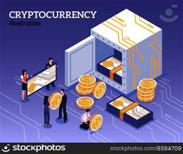 People with bitcoins cryptocurrency isometric background 3d vector illustration. Isometric Cryptocurrency Illustration