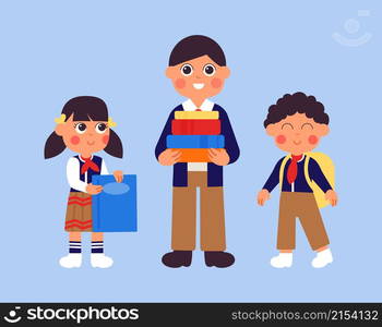 People with book. Man holding books, happy school girl with notebook. Students and teacher, preschool children and teenager in uniform vector. Illustration education character standing with books. People with book. Man holding books, happy school girl with notebook. Students and teacher, preschool children and teenager in uniform vector characters