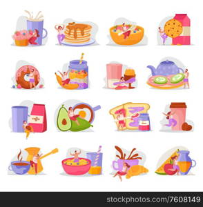 People with breakfast flat icon set with men and women sit with spoons jumping and having vector illustration