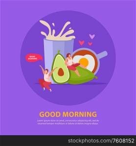 People with breakfast flat poster two people sits on abstract avocado and says good morning vector illustration