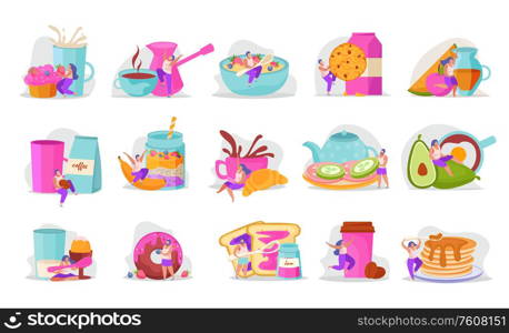 People with breakfast flat recolor icon set bright colors and adstract forms vector illustration