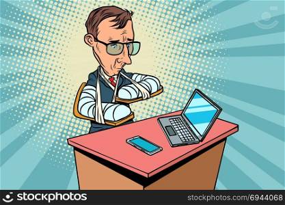 People with broken arms and gadgets. voice assistant. Comic book cartoon pop art retro drawing illustration. People with broken arms and gadgets
