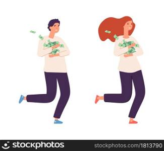 People with cash. Rich girl boy, happy wealthy female male flat characters. Isolated fun lottery winners or young successful business person vector illustration. Girl saving currency, fund earnings. People with cash. Rich girl boy, happy wealthy female male flat characters. Isolated fun lottery winners or young successful business person vector illustration