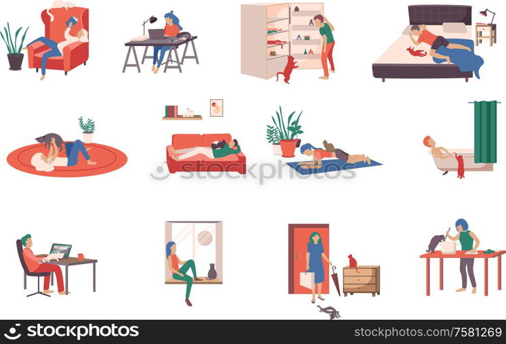 People with cats at home icons set flat isolated vector illustration