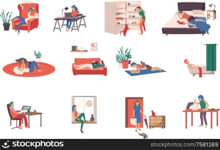 People with cats at home icons set flat isolated vector illustration