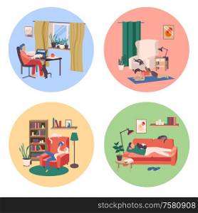 People with cats concept icons set flat isolated vector illustration