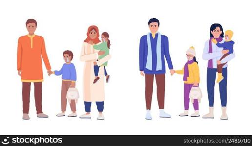 People with children waiting for evacuation semi flat color vector character set. Full body people on white. Simple cartoon style illustration collection for web graphic design and animation. People with children waiting for evacuation semi flat color vector character set