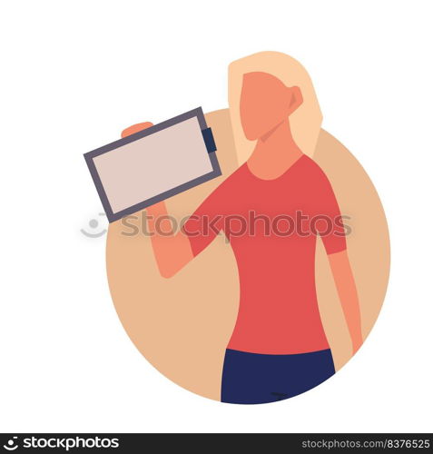 People with clipboard document vector illustration. Business checklist with character concept icon. Questionnaire work report and holding sign. Human with note board mark and happy avatar employee