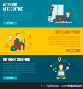 People with computers horizontal banner set freelance and office working internet surfing elements isolated vector illustration. Computer Working Banners