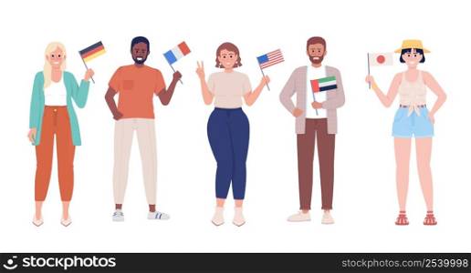 People with country flags semi flat color vector characters. Standing figures. Full body people on white. Community simple cartoon style illustration for web graphic design and animation. People with country flags semi flat color vector characters