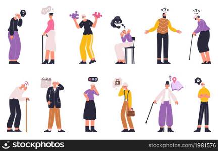 People with dementia symptoms, memory loss and disorientation, alzheimer disease. Elderly person with brain disease vector illustration set. Alzheimers and dementia patients. Dementia and alzheimer. People with dementia symptoms, memory loss and disorientation, alzheimer disease. Elderly person with brain disease vector illustration set. Alzheimers and dementia patients