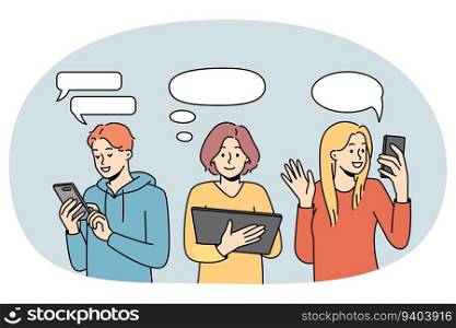 People with devices communicate online. Users with modern gadgets talk and message on web. Distant communication concept. Vector illustration.. People with gadgets communicate online