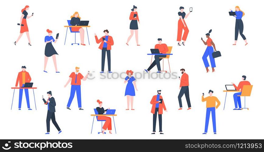 People with devices. Men and women use laptop, tablet and smartphones, characters with internet devices equipment, holding and using digital gadgets vector illustration set. young adult persons online. People with devices. Men and women use laptop, tablet and smartphones, characters with internet devices equipment, holding and using digital gadgets vector illustration set