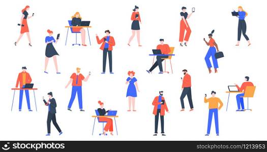 People with devices. Men and women use laptop, tablet and smartphones, characters with internet devices equipment, holding and using digital gadgets vector illustration set. young adult persons online. People with devices. Men and women use laptop, tablet and smartphones, characters with internet devices equipment, holding and using digital gadgets vector illustration set